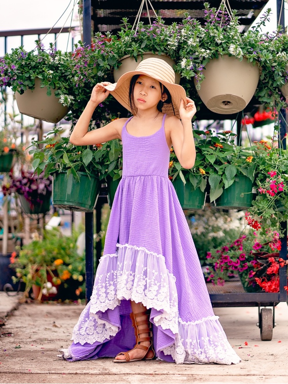 Girls Boho Hippie Summer Lavender Purple Cotton Gauze High-Low Sundress Maxi